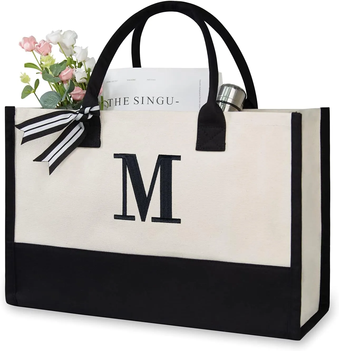 TOPDesign Embroidery Initial Canvas Tote Bag, Personalized Present Bag, Suitable for Wedding, Birthday, Beach, Holiday, is a Great Gift for Women, Mom, Teachers, Friends, Bridesmaids (Letter M)