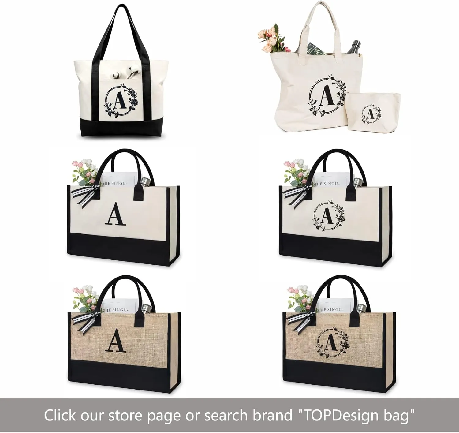 TOPDesign Embroidery Initial Canvas Tote Bag, Personalized Present Bag, Suitable for Wedding, Birthday, Beach, Holiday, is a Great Gift for Women, Mom, Teachers, Friends, Bridesmaids (Letter M)