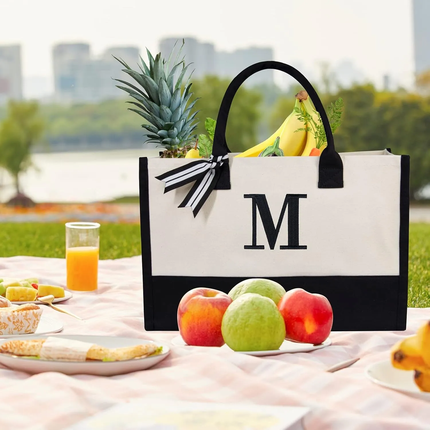 TOPDesign Embroidery Initial Canvas Tote Bag, Personalized Present Bag, Suitable for Wedding, Birthday, Beach, Holiday, is a Great Gift for Women, Mom, Teachers, Friends, Bridesmaids (Letter M)