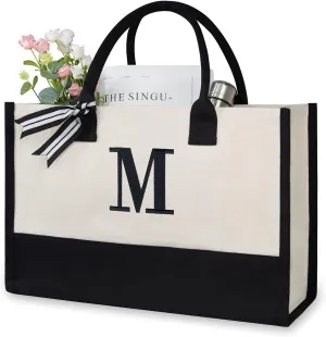 TOPDesign Embroidery Initial Canvas Tote Bag, Personalized Present Bag, Suitable for Wedding, Birthday, Beach, Holiday, is a Great Gift for Women, Mom, Teachers, Friends, Bridesmaids (Letter M)