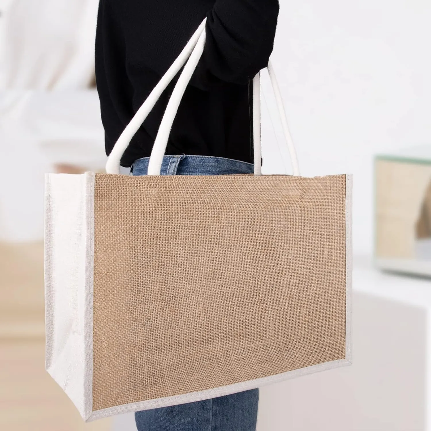 TopTie 6 PCS Jute Tote Bags Reusable Burlap Grocery Shopping Bags Bridesmaid Bag for Wedding