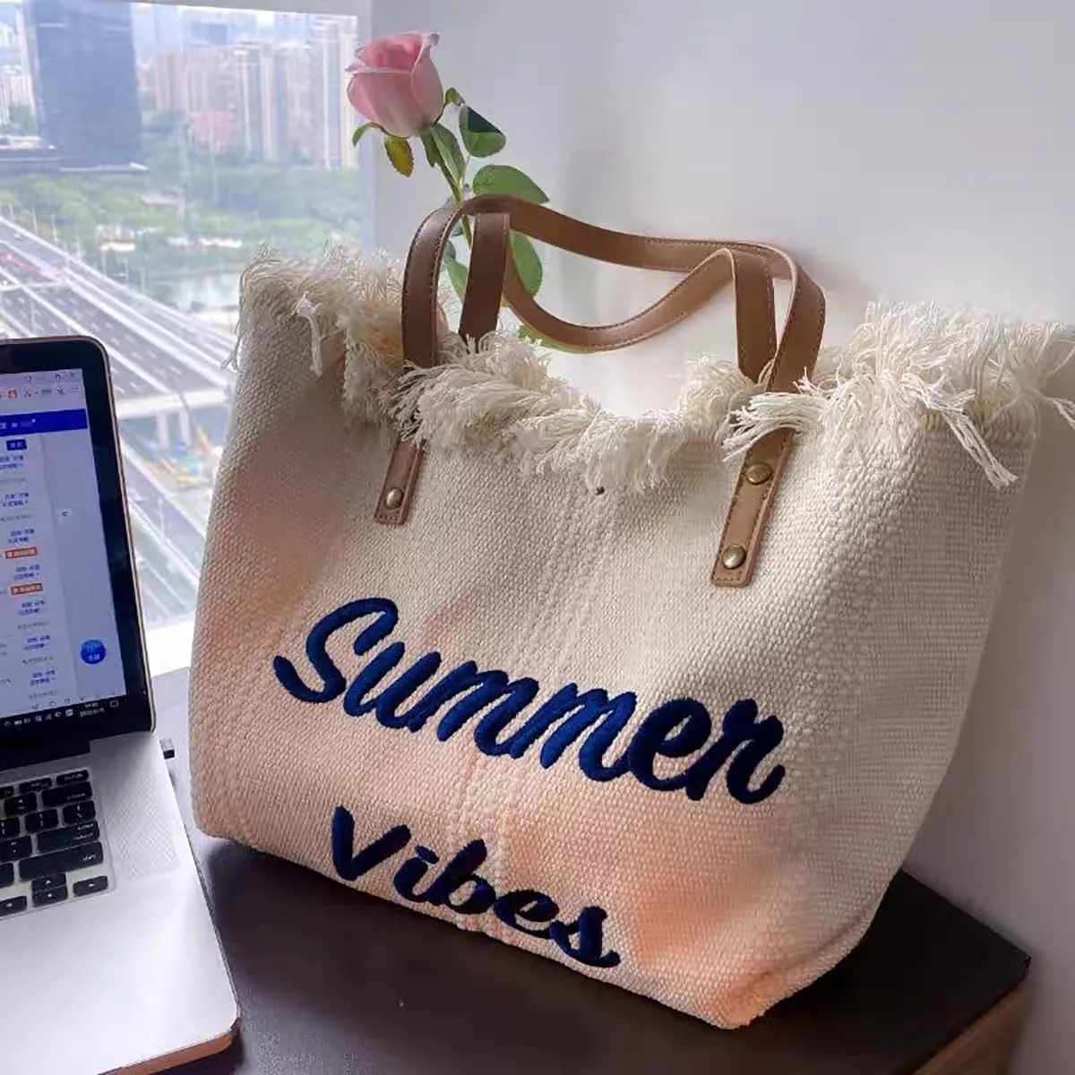 Tote bag, large capacity canvas, women's shoulder bag, beach bag, tassel embroidery, niche design, women's bag (write)
