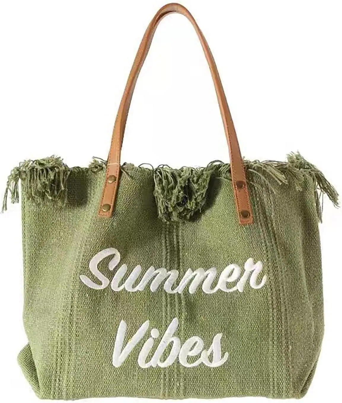 Tote handbag large capacity canvas women's shoulder bag beach bag tassel embroidery niche design temperament (green)