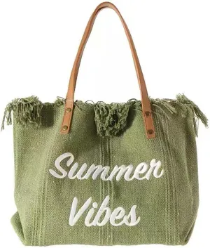 Tote handbag large capacity canvas women's shoulder bag beach bag tassel embroidery niche design temperament (green)