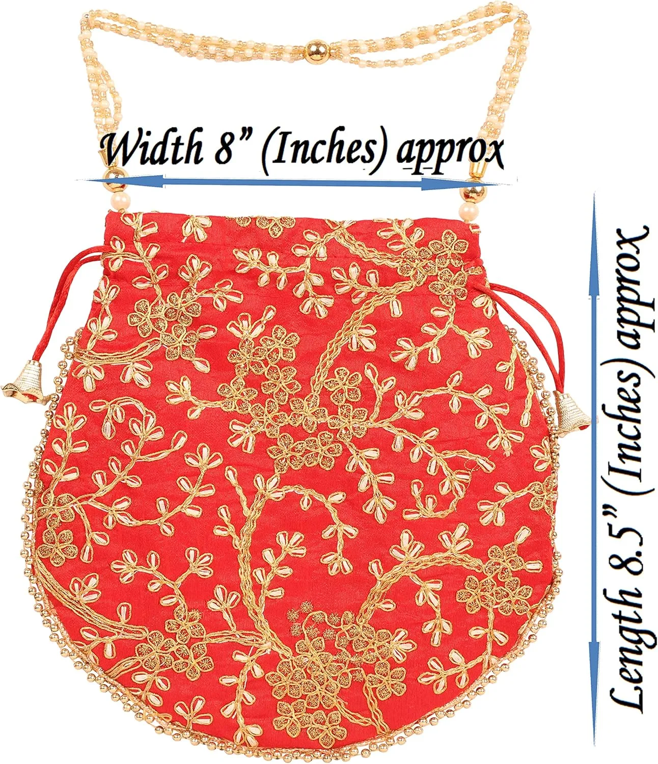 Touchstone Traditional Indian Hand Embroidered Shopping Gifts Jewelry Wedding Faux Pearls Strings Drawstring Bag for Women.