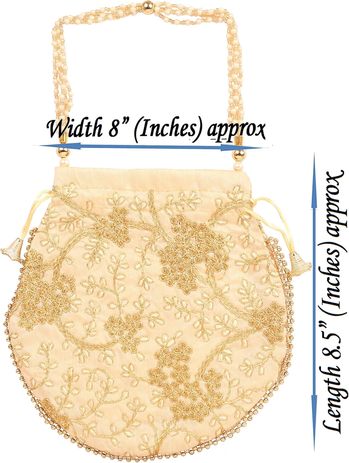 Touchstone Traditional Indian Hand Embroidered Shopping Gifts Jewelry Wedding Faux Pearls Strings Drawstring Bag for Women.