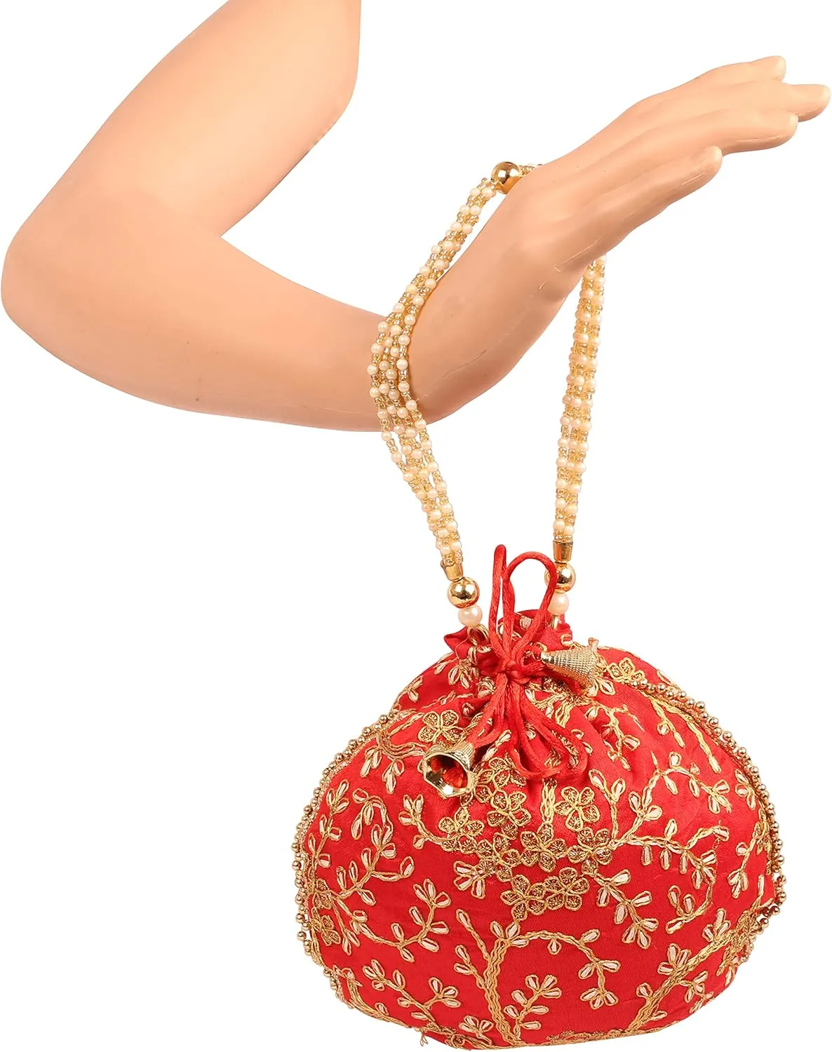 Touchstone Traditional Indian Hand Embroidered Shopping Gifts Jewelry Wedding Faux Pearls Strings Drawstring Bag for Women.