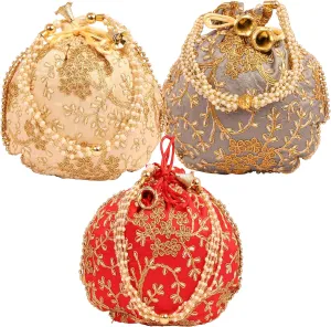 Touchstone Traditional Indian Hand Embroidered Shopping Gifts Jewelry Wedding Faux Pearls Strings Drawstring Bag for Women.