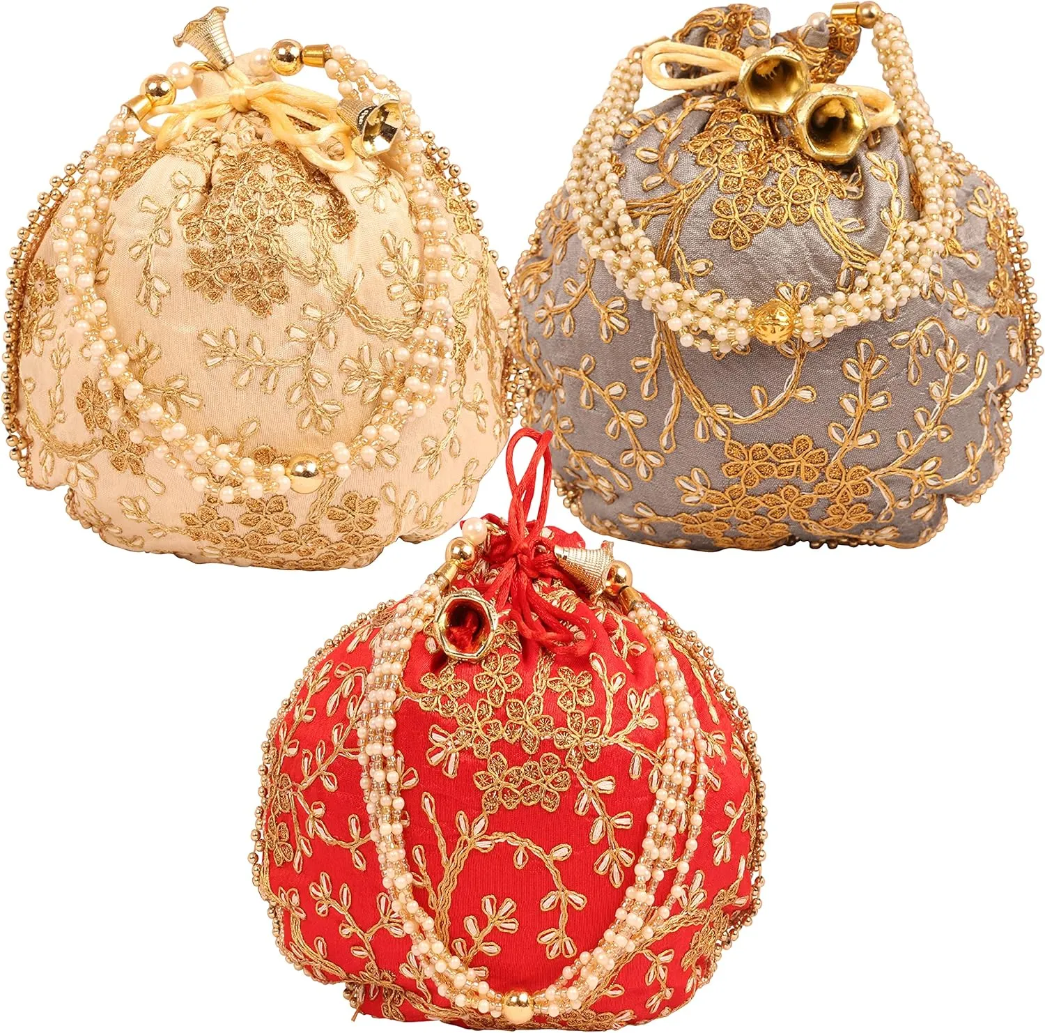 Touchstone Traditional Indian Hand Embroidered Shopping Gifts Jewelry Wedding Faux Pearls Strings Drawstring Bag for Women.