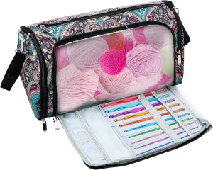 TPR Knitting Bag, Large Capacity Yarn Storage Bag with 5 Compartments and Top Eyelet, Dustproof Crochet Handbag for Crochet(blue,Cashew flowers)