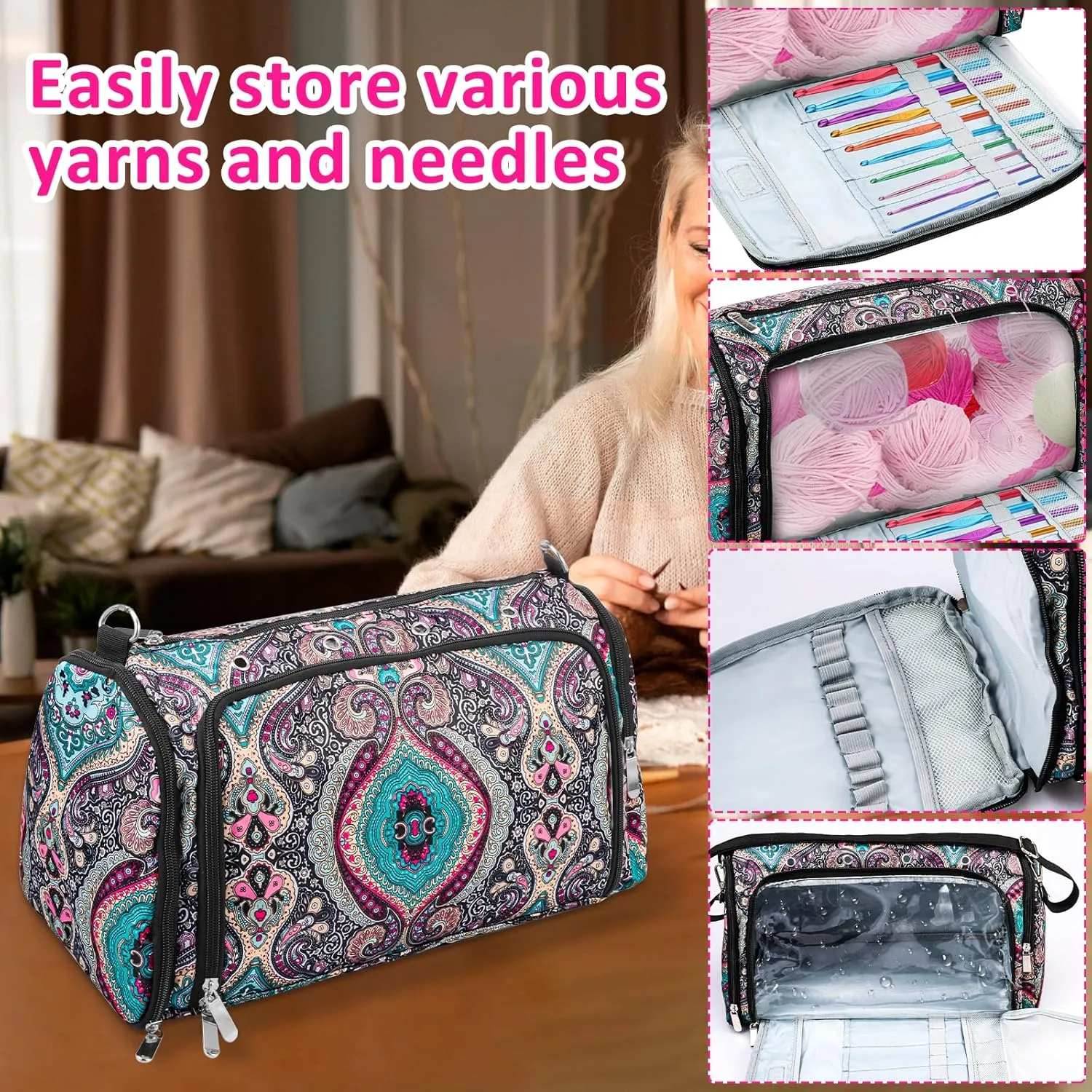 TPR Knitting Bag, Large Capacity Yarn Storage Bag with 5 Compartments and Top Eyelet, Dustproof Crochet Handbag for Crochet(blue,Cashew flowers)