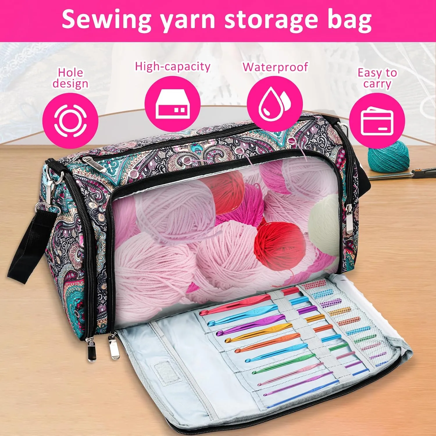 TPR Knitting Bag, Large Capacity Yarn Storage Bag with 5 Compartments and Top Eyelet, Dustproof Crochet Handbag for Crochet(blue,Cashew flowers)