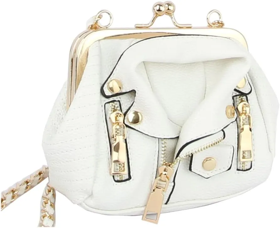 Trendeology Moto Jacket Design Bike Vegan Leather Fringed Saddle Bag Fashion Backpack Purse (Crossbody - White/Gold Chain)