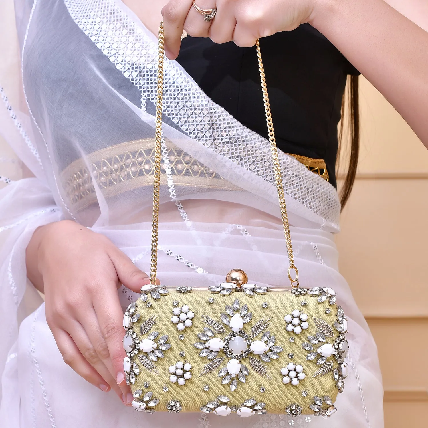 Trendy Bags Green Gems Studded Clutch
