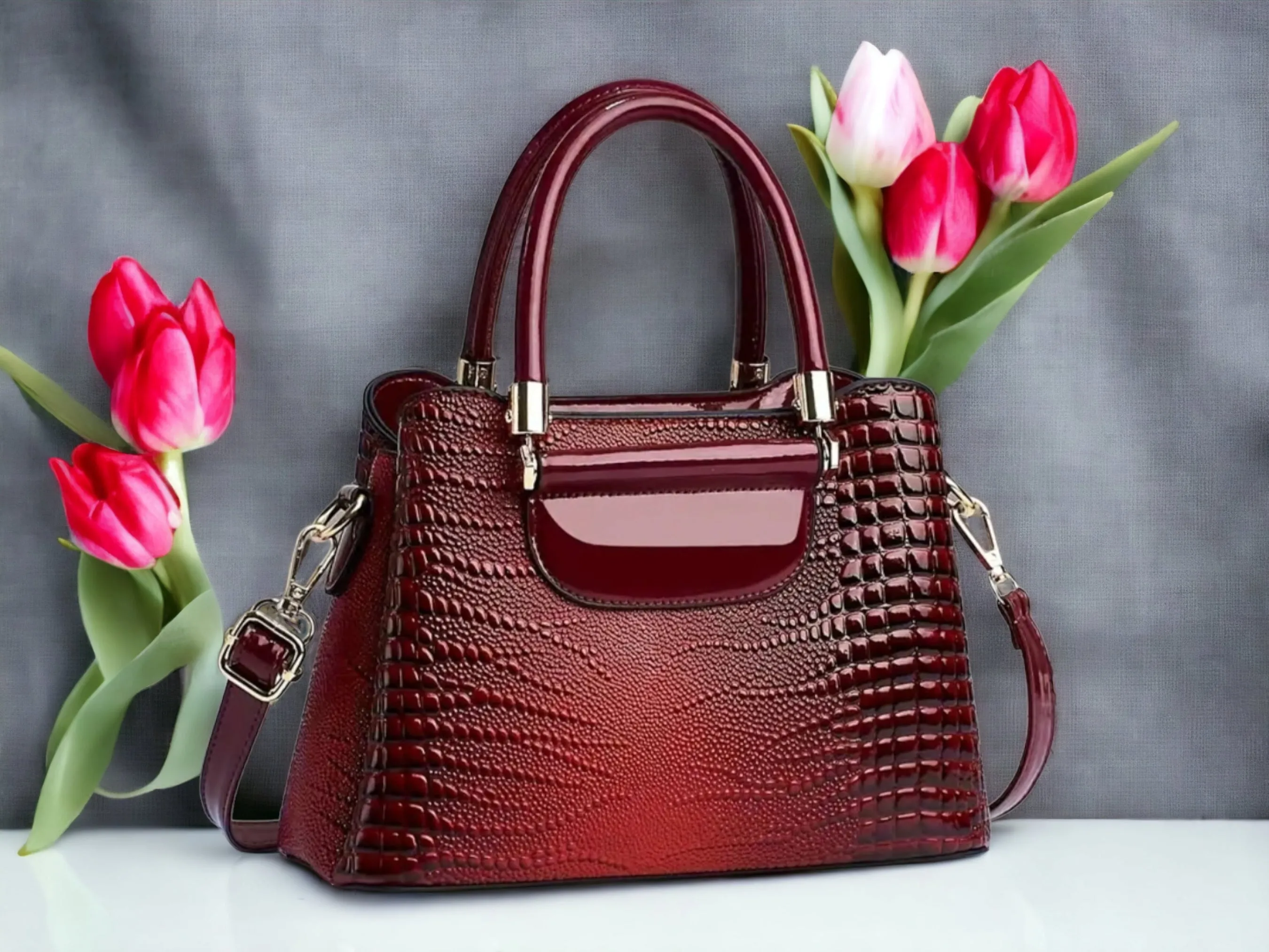 Trendy Faux Leather Handbag, Women's Crocodile Embossed Crossbody Bag Stylish Purse With Removable Strap