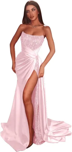 Tsbridal Glitter Sequin Prom Dresses Satin Mermaid Slit Formal Evening Dress Sparkly Long Wedding Guest Gown with Train
