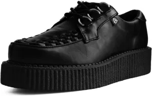 T.U.K. Anarchic Creeper Shoes for Women and Men, Black Faux Leather, Round Toe, Woven Interlace, 3 D-Ring Lace-Up, Twill Lining, Foam Insole, Low Platform, Classic Style, US Women 12 / Men 10
