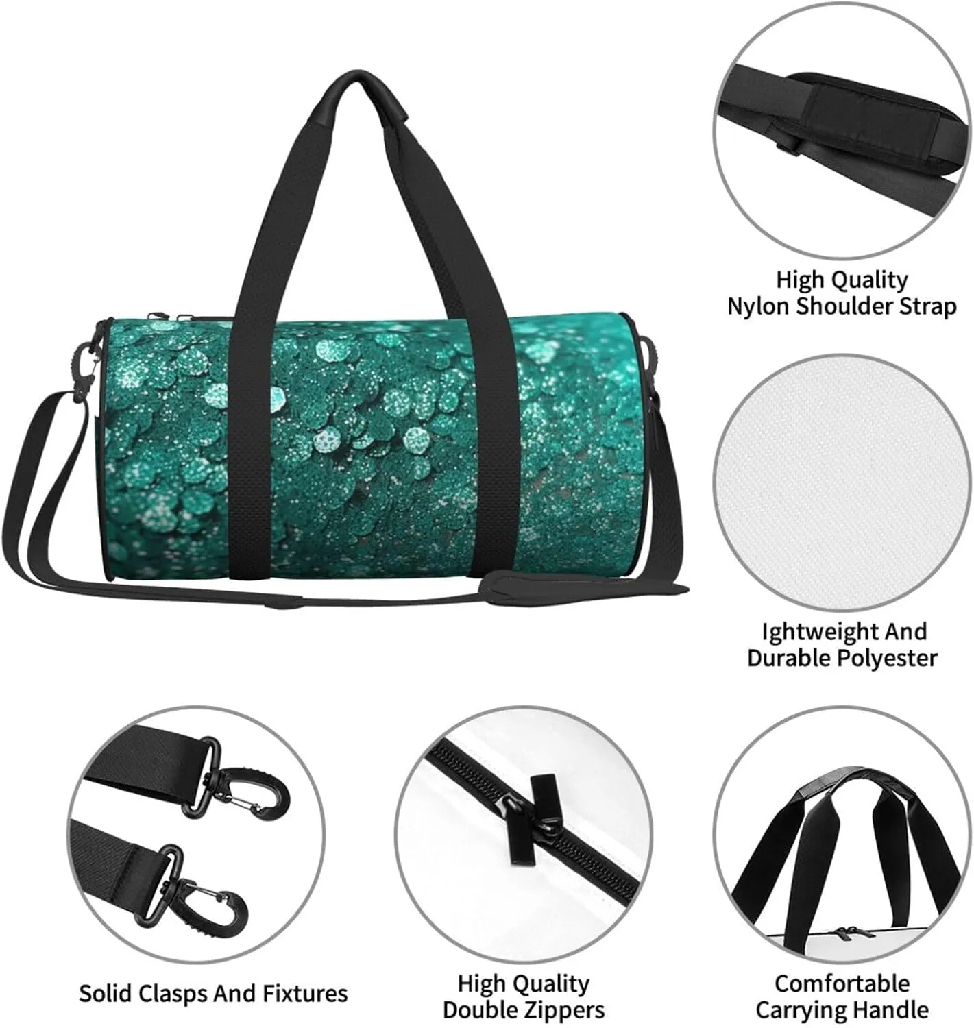 Turquoise Glitter Travel Duffle Bag for Men Women Sport Gym Bag Foldable Weekender Bag Carry on Overnight Bag for Travel Swimming Basketball