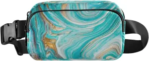 Turquoise Gold Marble Abstract Golden Sequins Liquid Ink Paint Adjustable Belt Running Bag, Crossbody Fanny Pack Waist Runners Bag Tote for Women Men Sports Hiking Fitness Exercise Gym Pouch