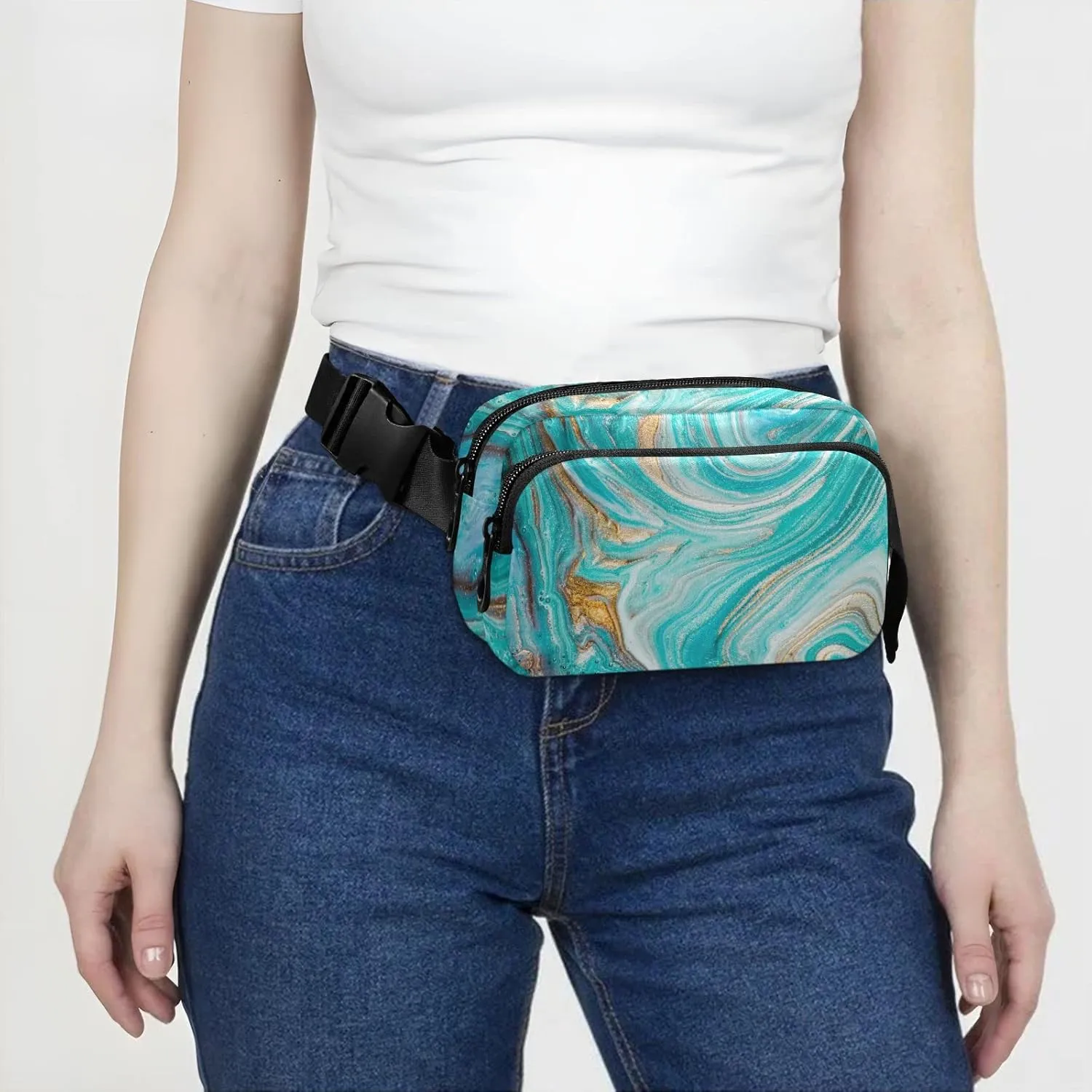 Turquoise Gold Marble Abstract Golden Sequins Liquid Ink Paint Adjustable Belt Running Bag, Crossbody Fanny Pack Waist Runners Bag Tote for Women Men Sports Hiking Fitness Exercise Gym Pouch