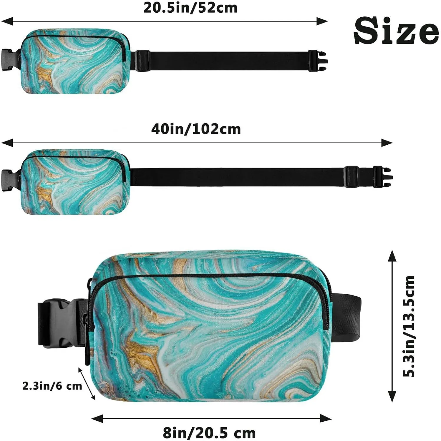 Turquoise Gold Marble Abstract Golden Sequins Liquid Ink Paint Adjustable Belt Running Bag, Crossbody Fanny Pack Waist Runners Bag Tote for Women Men Sports Hiking Fitness Exercise Gym Pouch