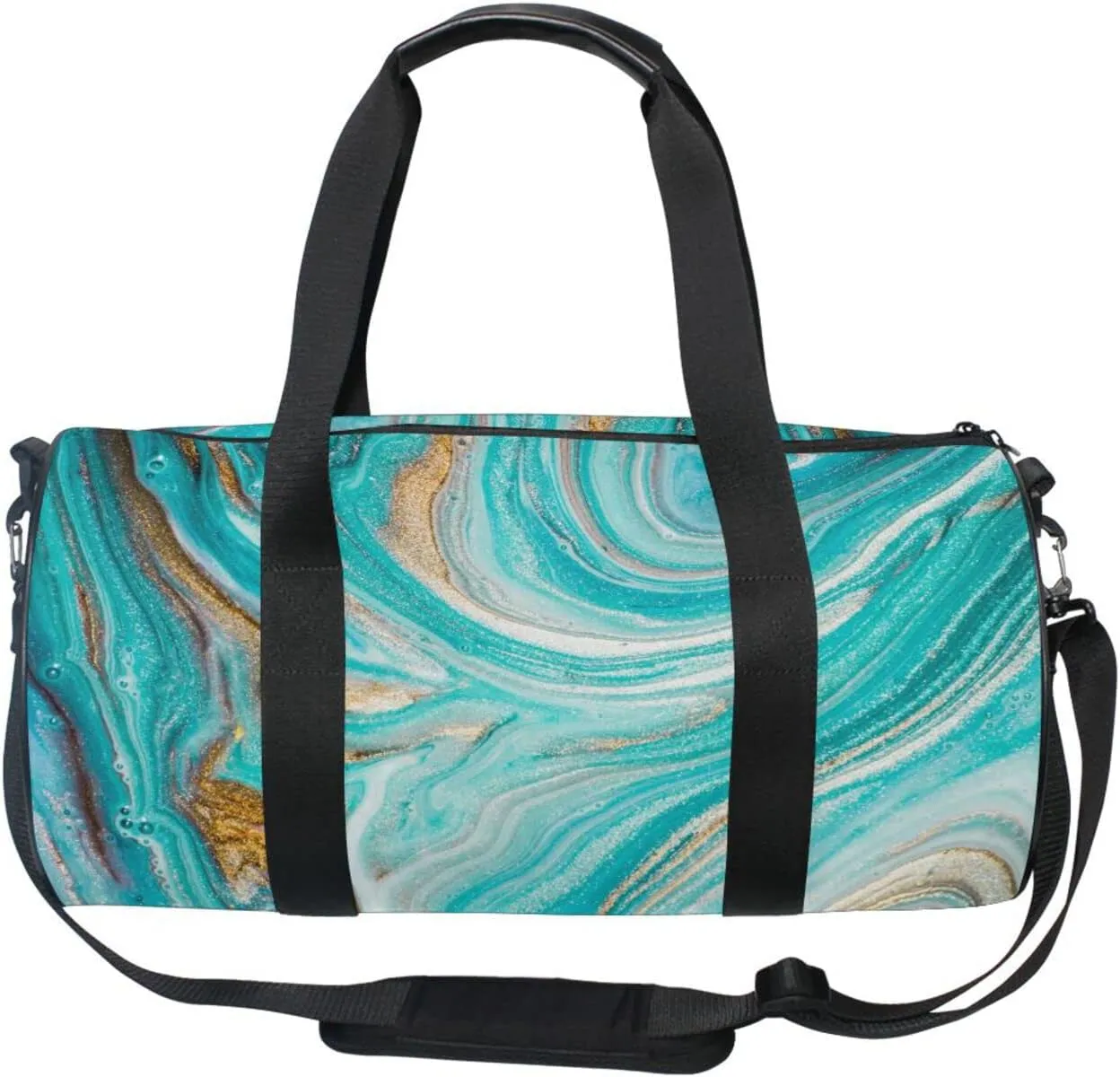 Turquoise Gold Marble Abstract Golden Sequins Liquid Ink Paint Duffel Bag, Foldable Canvas Travel Tote for Gym Sports with Inner Pockets, Durable Lightweight Fitness Bag for Overnight Workout