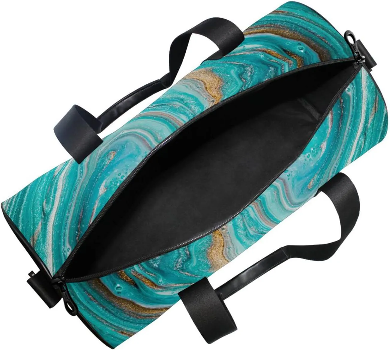 Turquoise Gold Marble Abstract Golden Sequins Liquid Ink Paint Duffel Bag, Foldable Canvas Travel Tote for Gym Sports with Inner Pockets, Durable Lightweight Fitness Bag for Overnight Workout