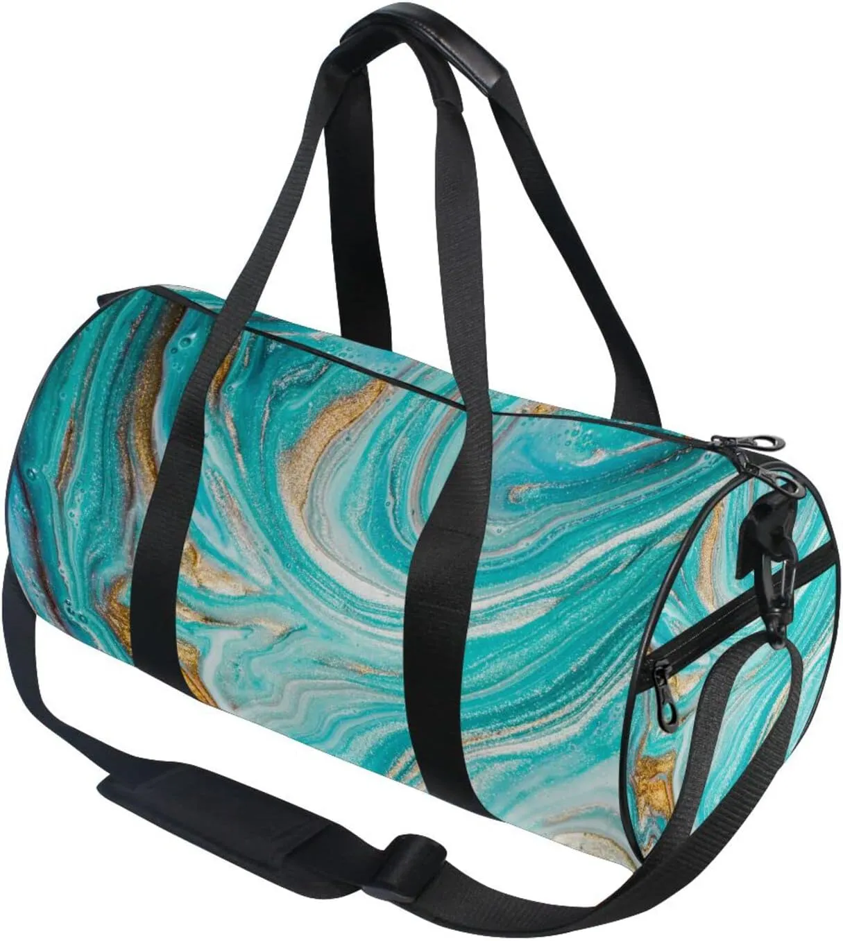 Turquoise Gold Marble Abstract Golden Sequins Liquid Ink Paint Duffel Bag, Foldable Canvas Travel Tote for Gym Sports with Inner Pockets, Durable Lightweight Fitness Bag for Overnight Workout