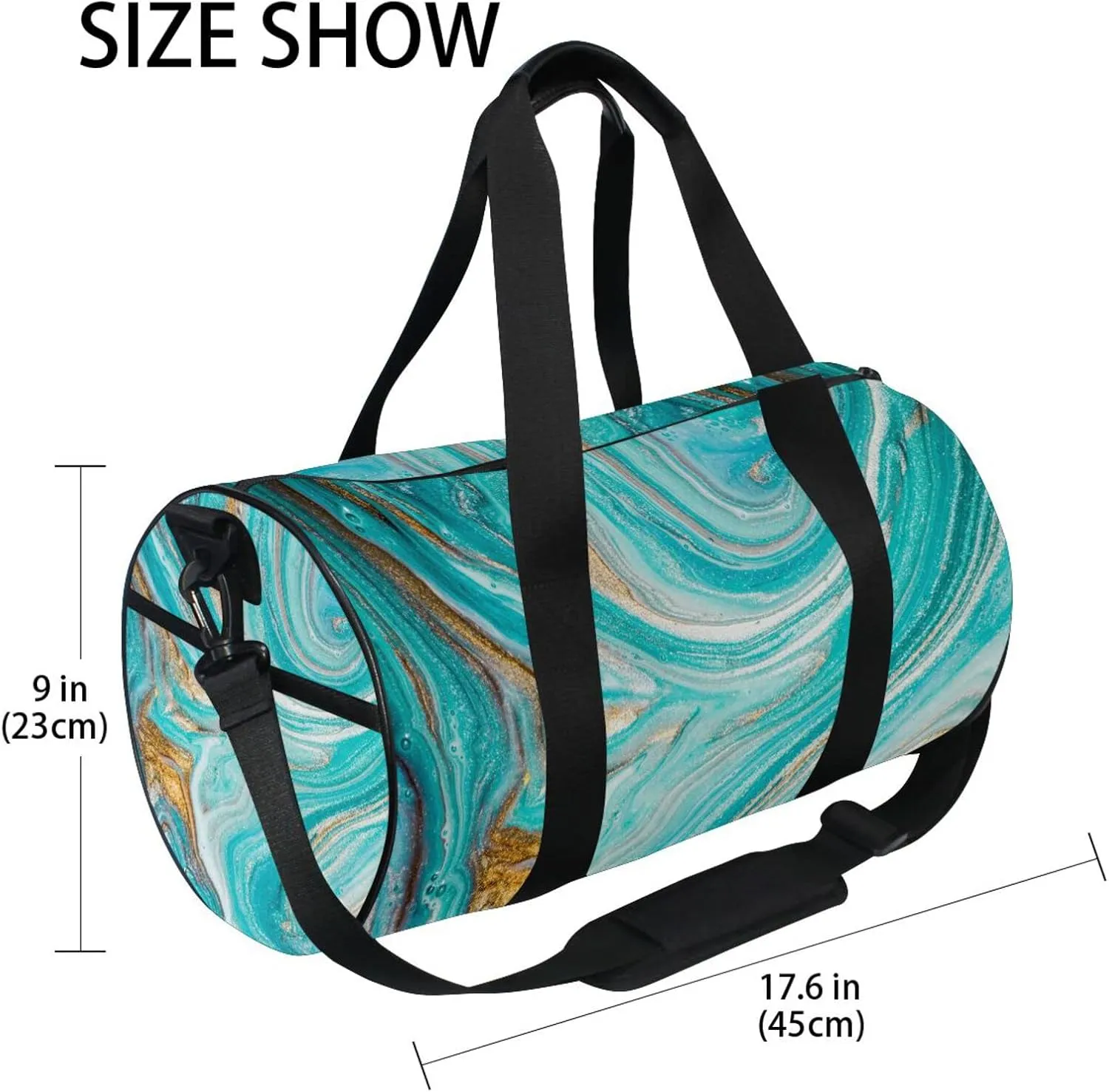 Turquoise Gold Marble Abstract Golden Sequins Liquid Ink Paint Duffel Bag, Foldable Canvas Travel Tote for Gym Sports with Inner Pockets, Durable Lightweight Fitness Bag for Overnight Workout