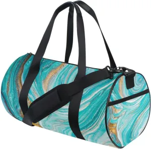 Turquoise Gold Marble Abstract Golden Sequins Liquid Ink Paint Duffel Bag, Foldable Canvas Travel Tote for Gym Sports with Inner Pockets, Durable Lightweight Fitness Bag for Overnight Workout