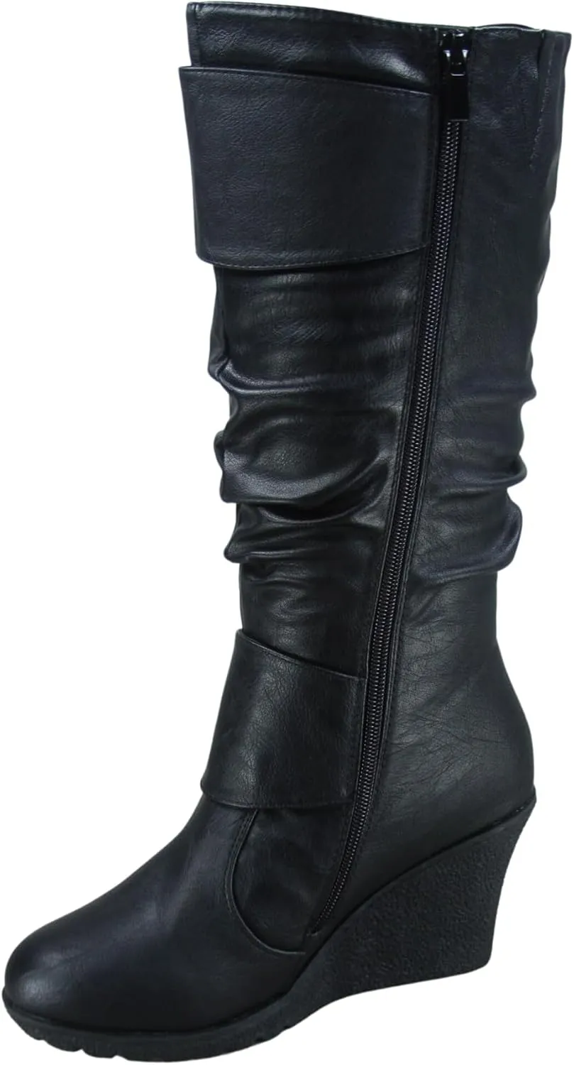 TZ Rose-65 Women's Fashion Round Toe Wedge Mid Calf Knee High Boot Shoes