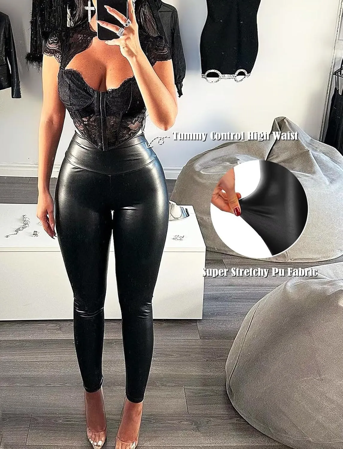 TZLDN Women's Faux Leather Leggings Sexy High Waisted Tummy Control Butt Lift Stretchy Slim Dressy Pleather Pu Pants