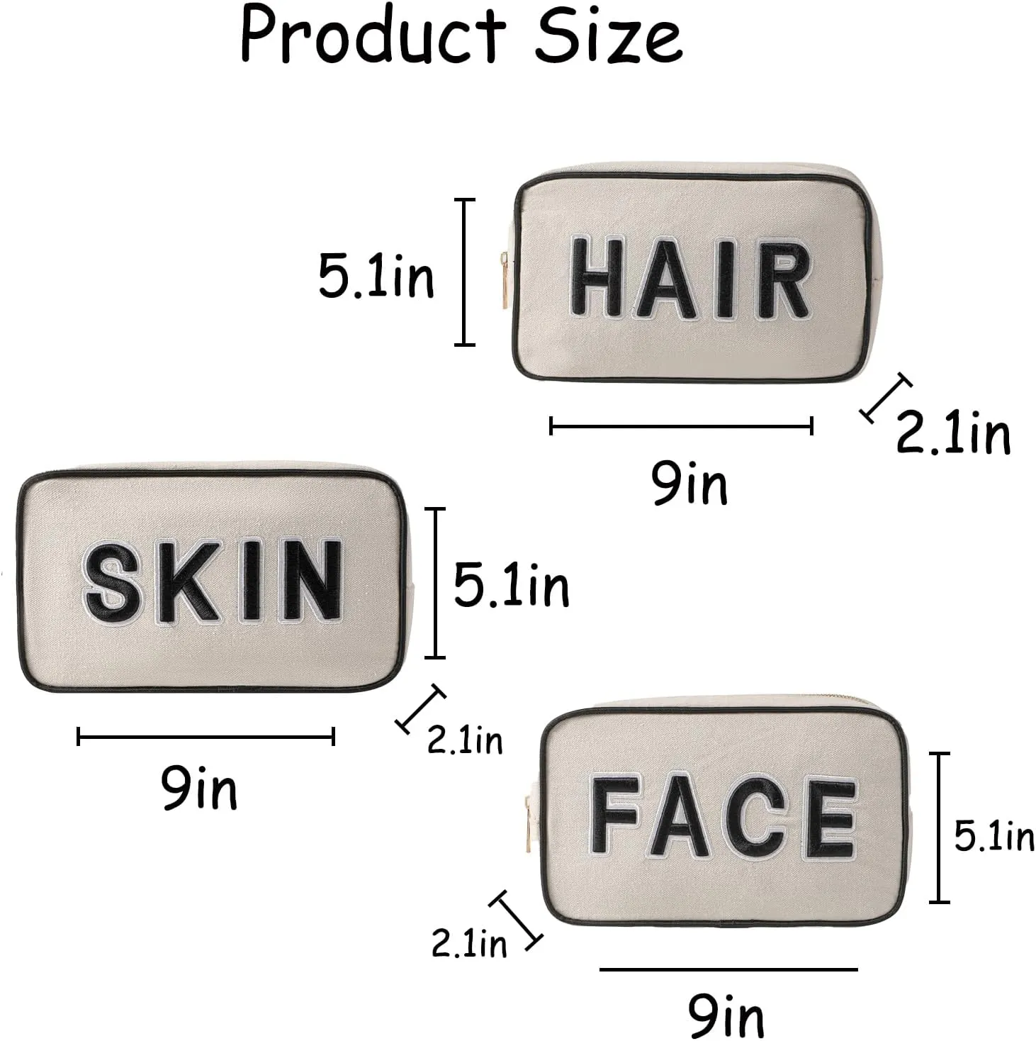 uekeboag 3Pcs Canvas Chenille Letter Makeup Bag Set, Small Travel Washable Organizer Bag for Purse with Zipper, Cute Personalized Gift Pouch For Women and Girls(Hair Skin Face)