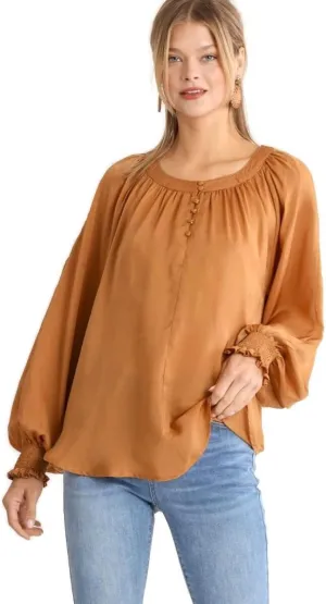 Umgee Women's Washed Satin Puff Sleeve Blouse Top Tunic