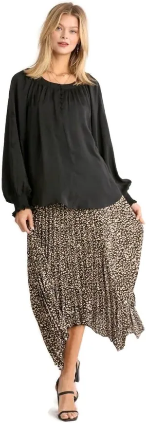 Umgee Women's Washed Satin Puff Sleeve Blouse Top Tunic