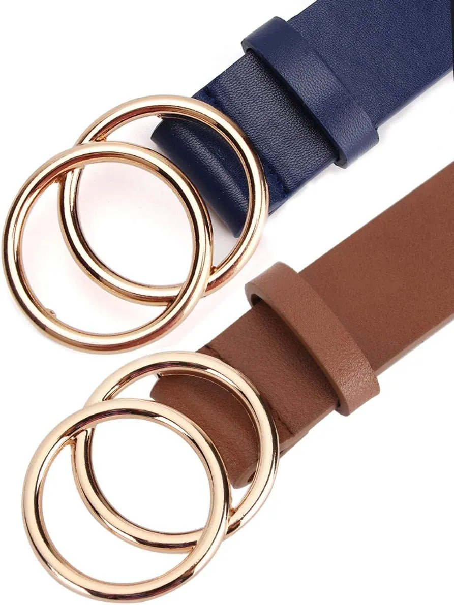 UnFader Pack 2 Women Belts for Jeans with Fashion Double O-Ring Buckle and Faux Leather