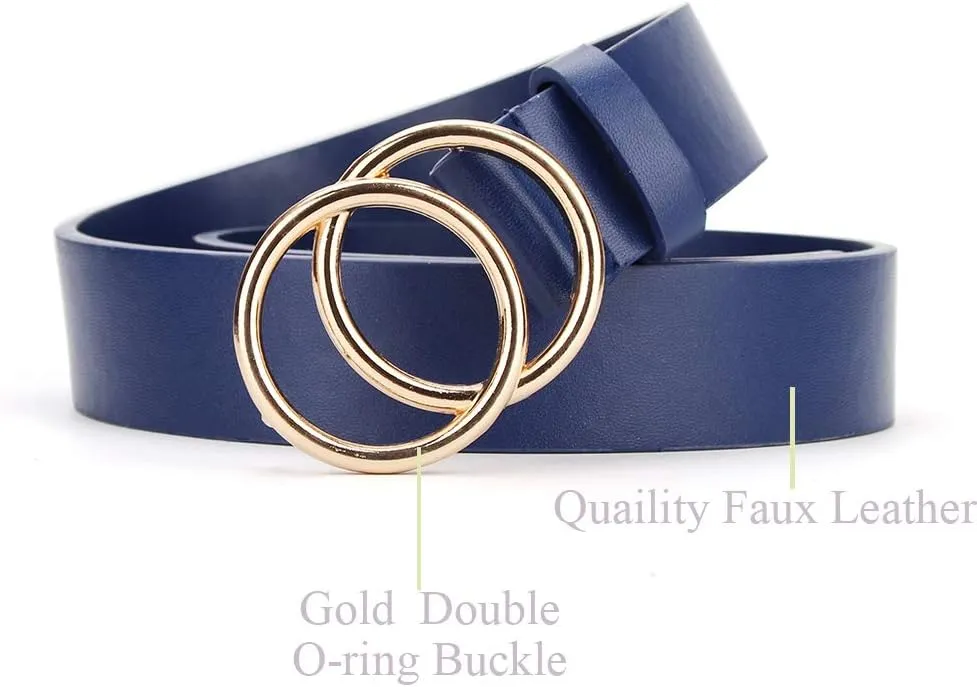 UnFader Pack 2 Women Belts for Jeans with Fashion Double O-Ring Buckle and Faux Leather