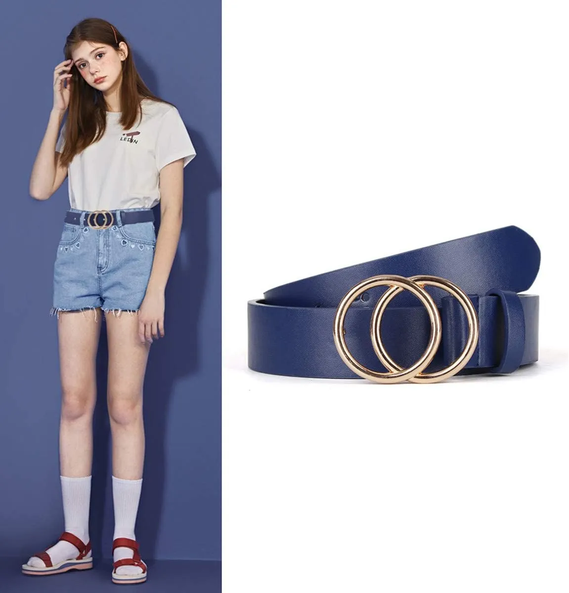 UnFader Pack 2 Women Belts for Jeans with Fashion Double O-Ring Buckle and Faux Leather