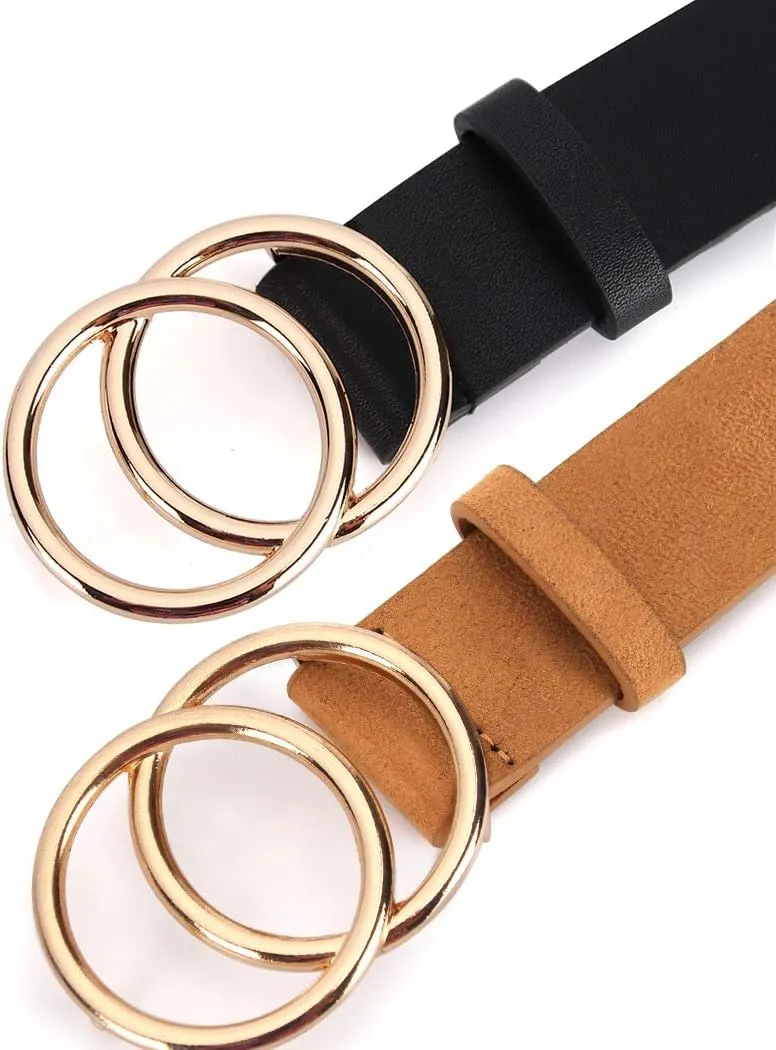 UnFader Pack 2 Women Belts for Jeans with Fashion Double O-Ring Buckle and Faux Leather