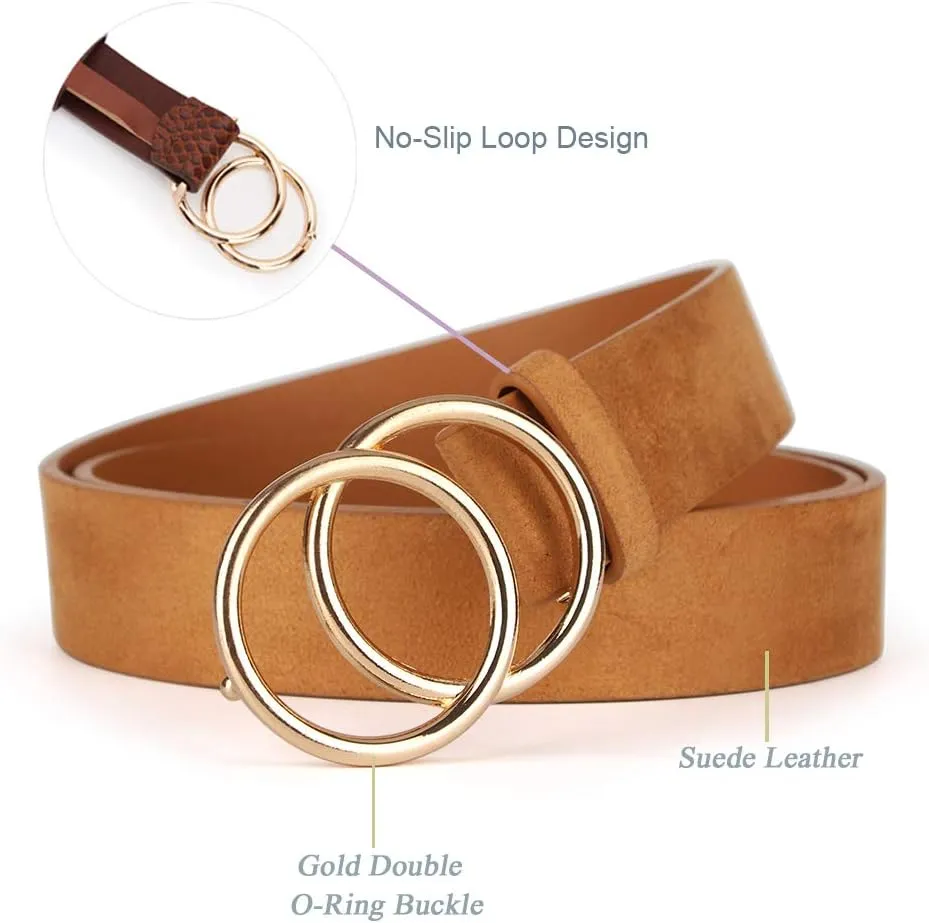 UnFader Pack 2 Women Belts for Jeans with Fashion Double O-Ring Buckle and Faux Leather
