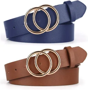 UnFader Pack 2 Women Belts for Jeans with Fashion Double O-Ring Buckle and Faux Leather