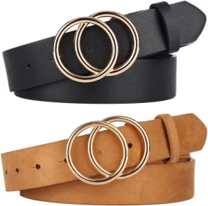 UnFader Pack 2 Women Belts for Jeans with Fashion Double O-Ring Buckle and Faux Leather