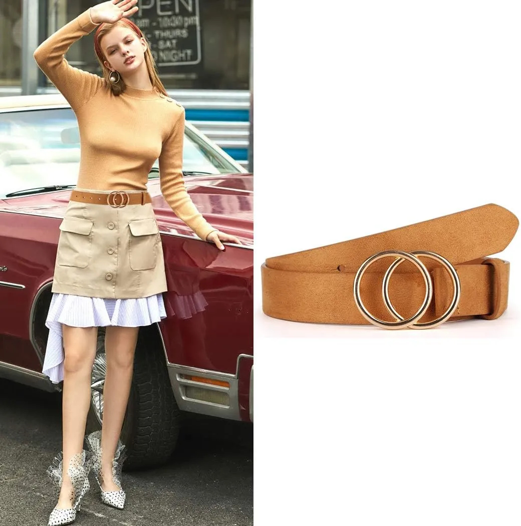 UnFader Pack 2 Women Belts for Jeans with Fashion Double O-Ring Buckle and Faux Leather