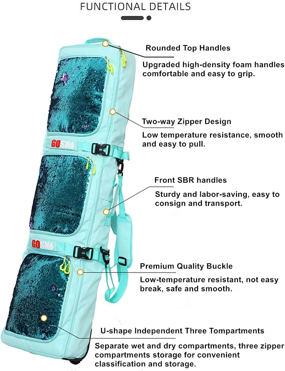 UNISTRENGH Wheeled Snowboard Bags for Air Travel, Waterproof Separate Compartment Skiing Backpack with Colorful sequins, wheels - for Snow Snowboarding-135CM