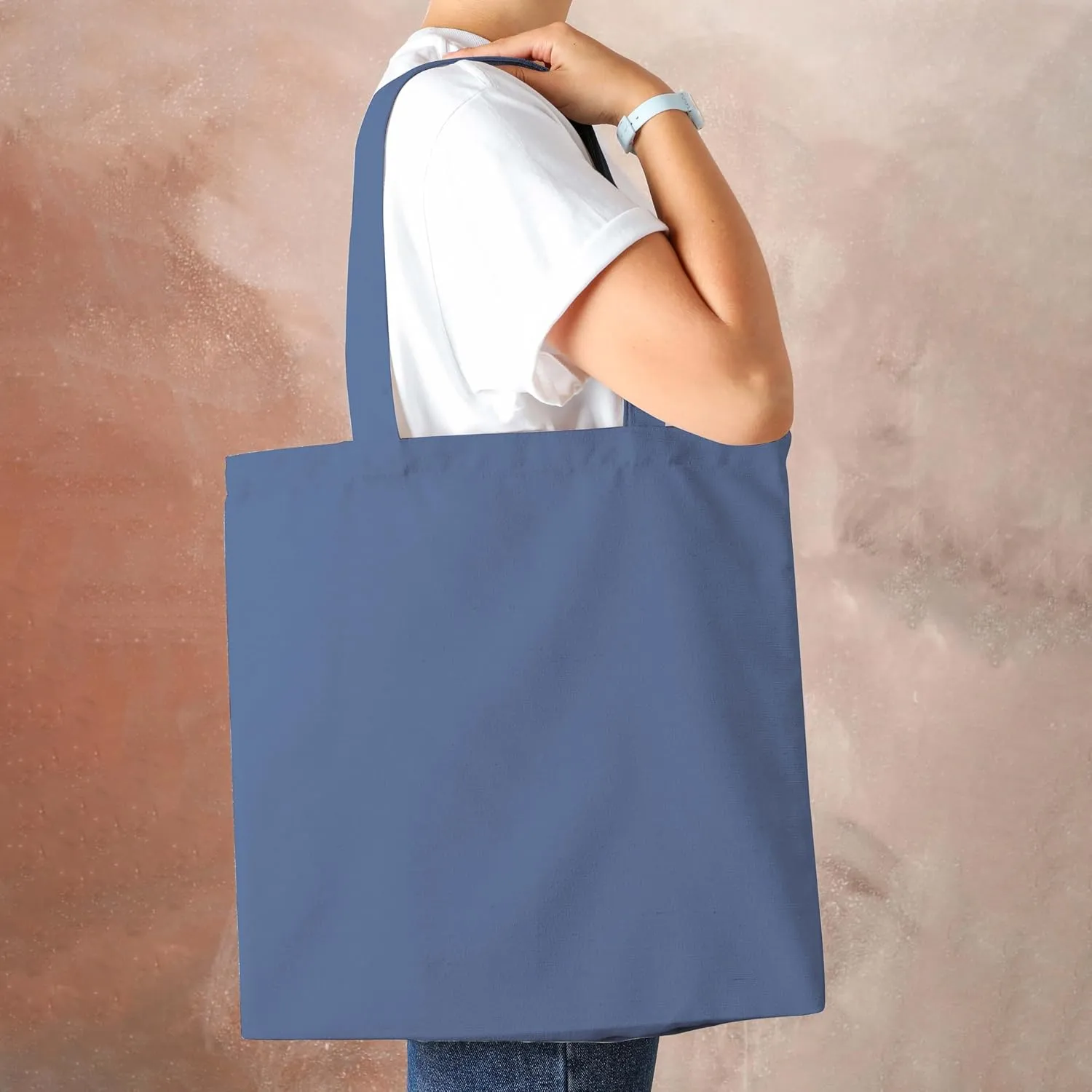 Urban Villa 6 Pack Reusable Grocery Bags 15’’x16’’ with 27’’ long Handle Blue Color 100% Cotton Tote Bags Medium Weight Grocery Shopping Cloth Bags Great Choice for Promotion Gift DIY Advertising