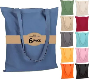 Urban Villa 6 Pack Reusable Grocery Bags 15’’x16’’ with 27’’ long Handle Blue Color 100% Cotton Tote Bags Medium Weight Grocery Shopping Cloth Bags Great Choice for Promotion Gift DIY Advertising