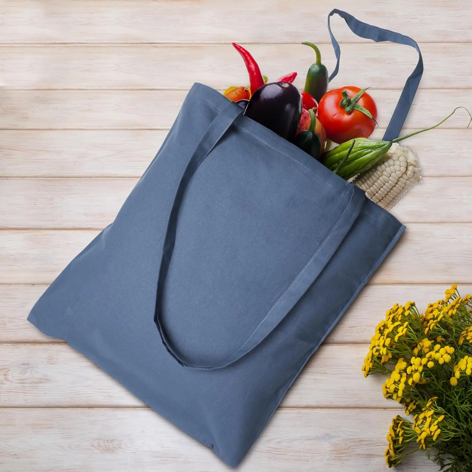 Urban Villa 6 Pack Reusable Grocery Bags 15’’x16’’ with 27’’ long Handle Blue Color 100% Cotton Tote Bags Medium Weight Grocery Shopping Cloth Bags Great Choice for Promotion Gift DIY Advertising