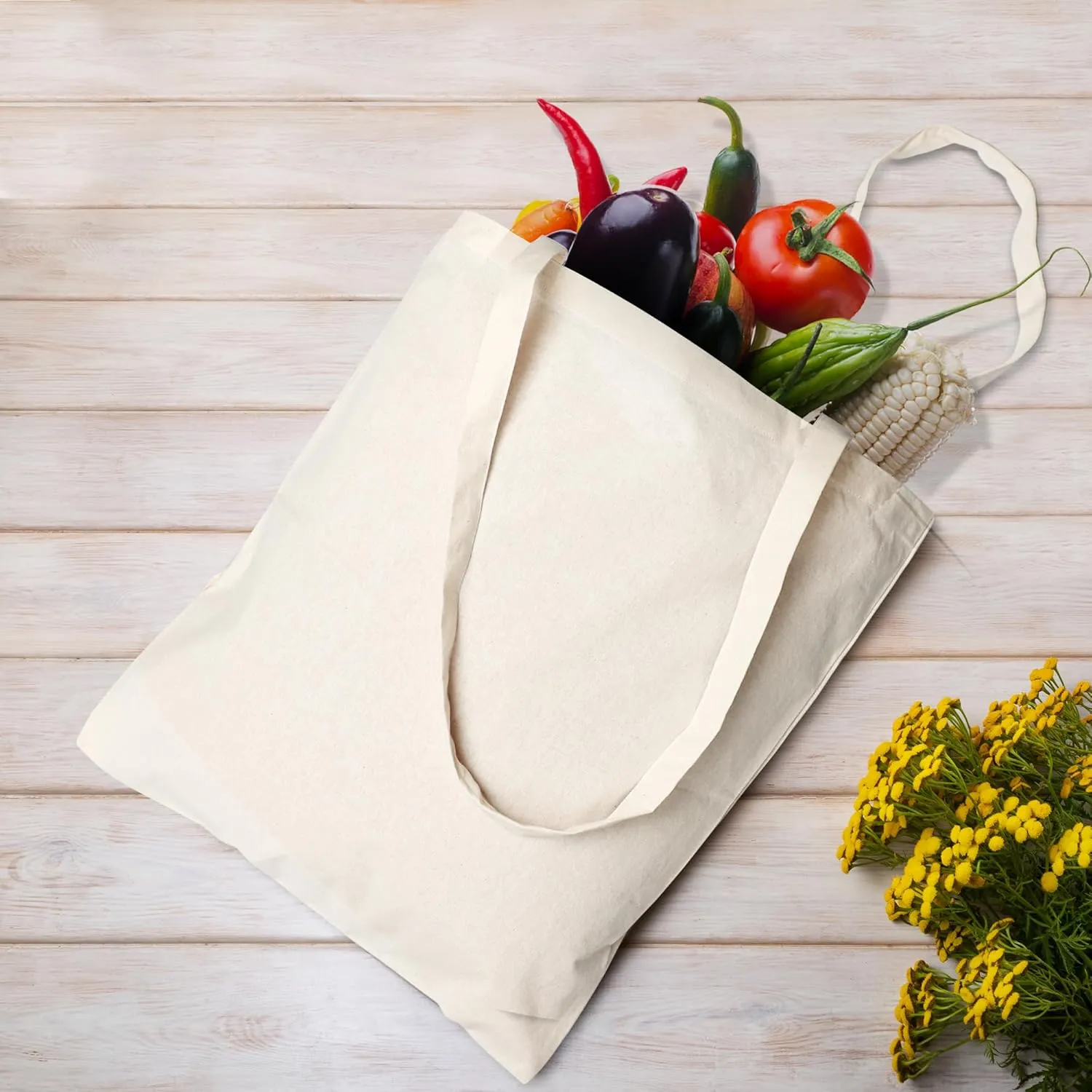 Urban Villa 6 Pack Reusable Grocery Bags 15’’x16’’ with 27’’ long Handle Natural Color 100% Cotton Tote Bags Medium Weight Grocery Shopping Cloth Bags Great Choice for Promotion Gift DIY Advertising
