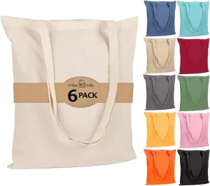 Urban Villa 6 Pack Reusable Grocery Bags 15’’x16’’ with 27’’ long Handle Natural Color 100% Cotton Tote Bags Medium Weight Grocery Shopping Cloth Bags Great Choice for Promotion Gift DIY Advertising