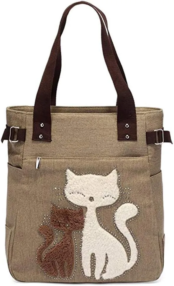 Valentoria Canvas Tote Handbag for Women Cute Cat Embroidery Shoulder Purse Large Zipper Travel Work Shopping Grocery Bags